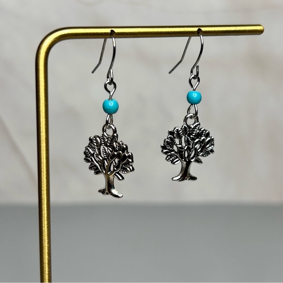 Silver Tone Tree Earrings with Turquoise Stone Beads - Picture 2 of 4